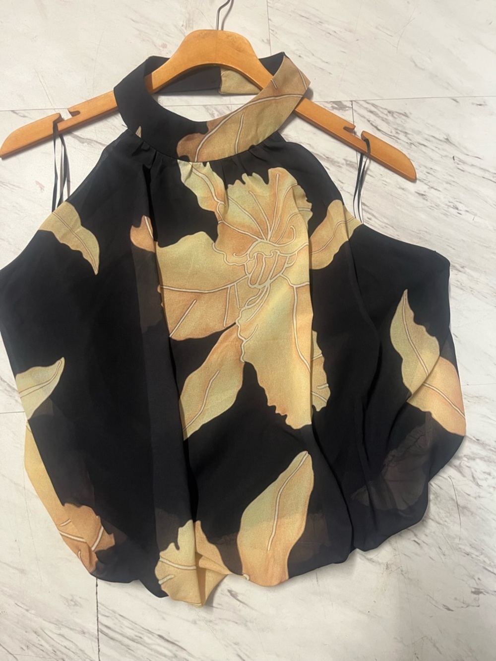 Fashion Nova Black Halter Top with Gold Floral Print